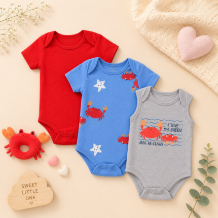Luxe Baby 3-Piece Cotton Crab Bodysuit Gift Set with Plush Rattle (0–9M)