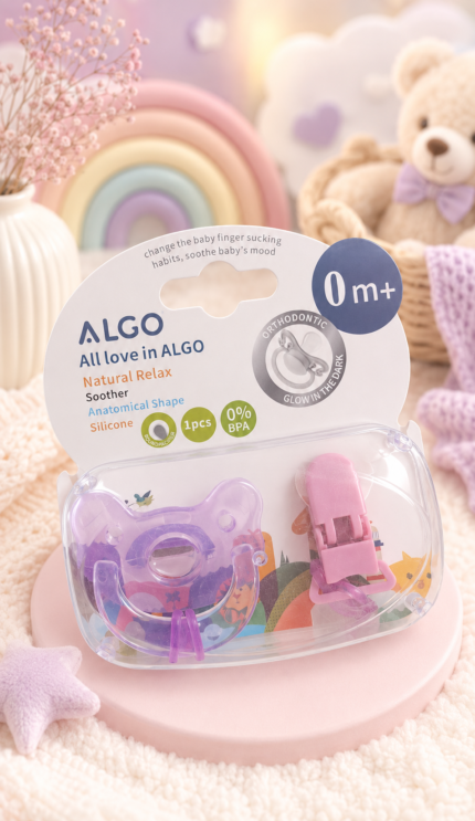 ALGO Baby Silicone Pacifier with Silicone Chain & Thumb Nipple (Purple)